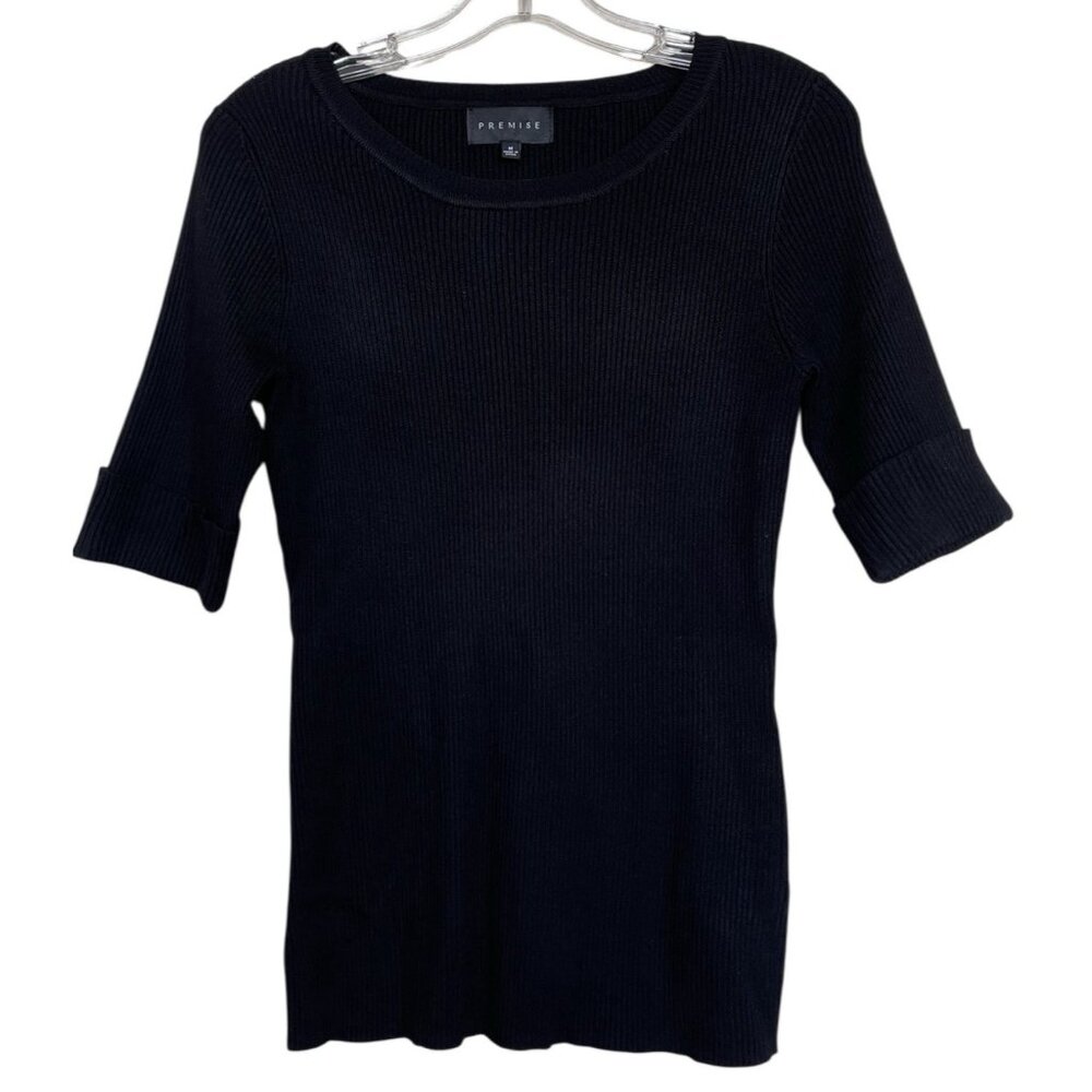 Premise Womens Sweater Size Medium M‎ Black Ribbed Short Sleeve Ladies
